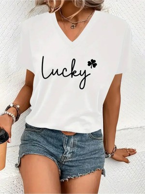 Mercoledi Lucky Baskılı Kadın Oversize V Yaka T-Shırt