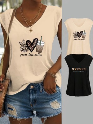 Mercoledi Kadın 2 Adet Mix Baskılı V Yaka Kolsuz Oversize Salas Boyfriend T-Shirt Set