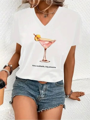 Mercoledi Tıny Cocktaıls Baskılı Kadın Oversize V Yaka T-Shırt