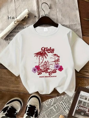 Mercoledi Aloha Beach Club Baskılı Oversize Bisiklet Yaka T-Shirt