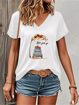 Mercoledi Let's Just Go Baskılı Kadın Oversize V Yaka T-Shırt