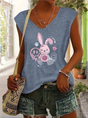 Mercoledi Sevimli Tavşan Baskılı Kadın Oversize Kolsuz T-Shırt