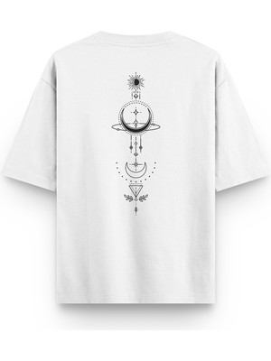 Overoz Spritüel Sembol Denge Kozmik Enerji Sırt Baskılı Unisex Beyaz Yarı Oversize Tshirt 1353