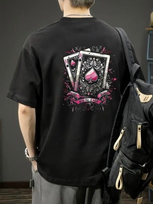 Mercoledi Iskambil Kağıdı Baskılı Oversize Bisiklet Yaka T-Shirt