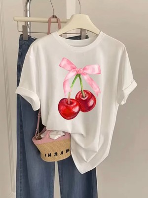 Mercoledi Kurdeleli Cherry Baskılı Oversize Bisiklet Yaka T-Shirt
