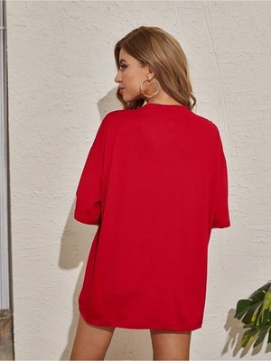 Mercoledi Bı Kind Baskılı Kırmızı Kadın Oversize Salaş T-Shirt Boyfriend