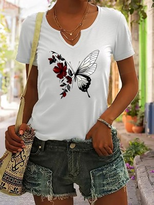 Mercoledi Kadın Baskılı Yarım V-Yaka Kollu Regular Kalıp Rahat T-Shirt