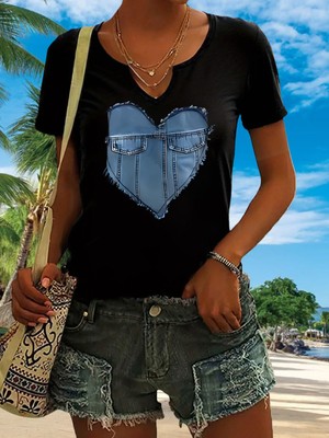 Mercoledi Kadın Kot Desenli Baskılı Yarım V-Yaka Kollu Regular Kalıp Rahat T-Shirt