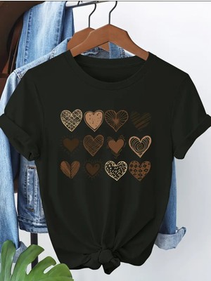 Mercoledi Kalp Desen Baskılı Oversize Bisiklet Yaka T-Shirt