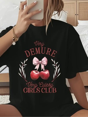 Mercoledi Demure Cherry Baskılı Oversize Bisiklet Yaka T-Shirt