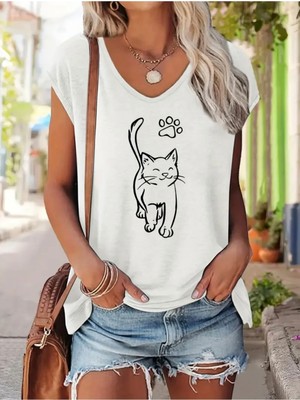 Mercoledi Kedi Baskılı Kadın Oversize Kolsuz T-Shırt