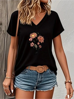Mercoledi Çiçek Baskılı Kadın Oversize V Yaka T-Shırt