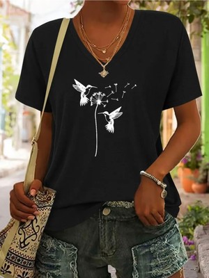 Mercoledi Kuş Baskılı Kadın Oversize V Yaka T-Shırt