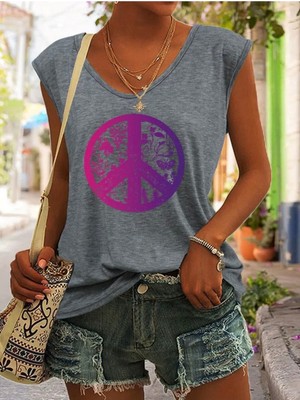 Mercoledi Peace Baskılı Kadın Oversize Kolsuz T-Shırt