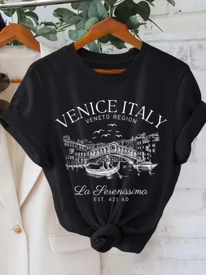 Mercoledi Venice Italy Baskılı Oversize Bisiklet Yaka T-Shirt