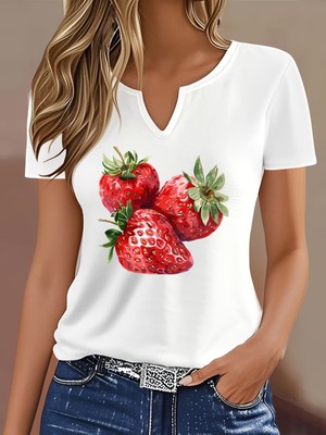 Mercoledi Kadın Çilek Baskılı Yarım V-Yaka Kollu Regular Kalıp Rahat T-Shirt