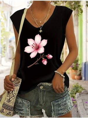 Mercoledi Çiçek Baskılı Kadın Kolsuz Oversize T-Shırt