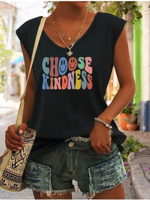 Mercoledi Choose Kındness Baskılı Kadın Oversize Kolsuz T-Shırt