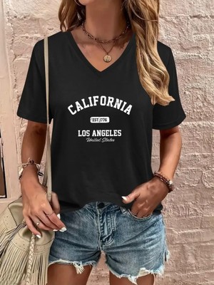 Mercoledi Calıfornıa Los Angeles Baskılı Kadın Oversize V Yaka T-Shırt