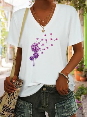 Mercoledi Hindiba Baskılı Kadın Oversize V Yaka T-Shırt