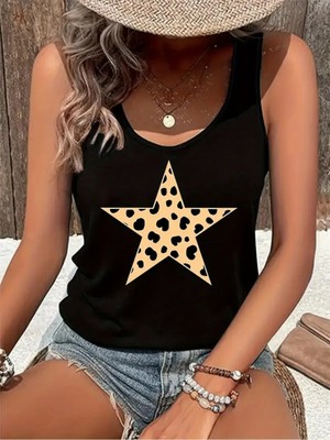 Mercoledi Kadın Yıldız Baskılı Oyuk Yaka T-Shirt %50 Pamuk %50 Polyester Kısa Kol Rahat Stil