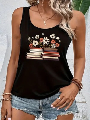 Mercoledi Kadın Kolsuz Çiçek Baskılı Oyuk Yaka Üst T-Shirt