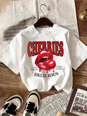 Mercoledi Cherry Baskılı Oversize Unısex Bisiklet Yaka T-Shirt