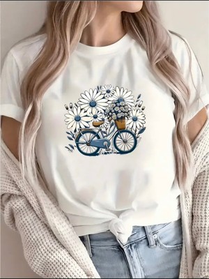 Mercoledi Papatya ve Bisiklet Baskılı Unısex Oversize Bisiklet Yaka T-Shirt