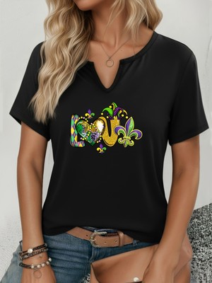 Mercoledi Kadın Mardi Gras Baskılı Yarım V-Yaka Kollu Regular Kalıp Rahat T-Shirt