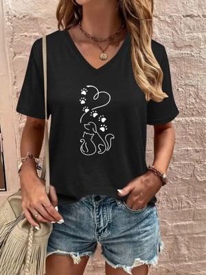Mercoledi Cat&dog Baskılı Kadın Oversize V Yaka T-Shırt
