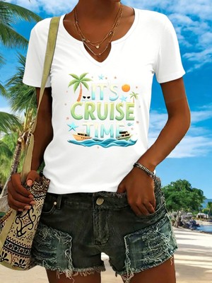 Mercoledi Kadın Cruise Time Baskılı Yarım V-Yaka Kollu Regular Kalıp Rahat T-Shirt