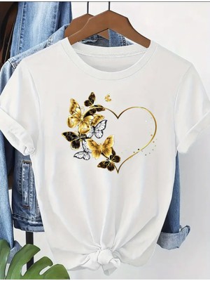 Mercoledi Kelebekli Gold Kalp Baskılı Oversize Bisiklet Yaka T-Shirt