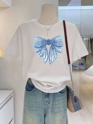 Mercoledi Mavi Tasarım Kurdele Baskılı Oversize Bisiklet Yaka T-Shirt