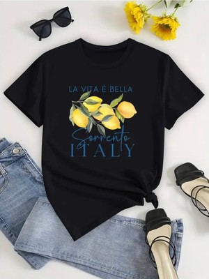 Mercoledi La Vita Bella Baskılı Oversize Bisiklet Yaka T-Shirt