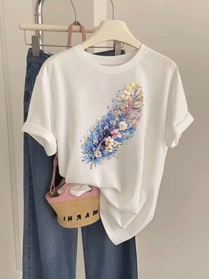 Mercoledi Çiçekli Tasarım Tüy Baskılı Oversize Bisiklet Yaka T-Shirt