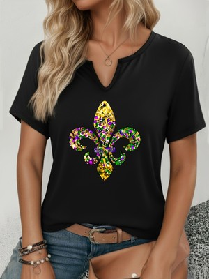Mercoledi Kadın Mardi Gras Baskılı Yarım V-Yaka Kollu Regular Kalıp Rahat T-Shirt