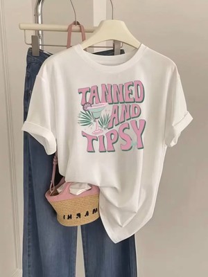 Mercoledi Tanned And Tipsy Baskılı Oversize Bisiklet Yaka T-Shirt