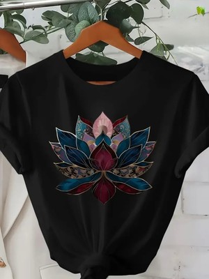 Mercoledi Lotus Çiçeği Baskılı Oversize Bisiklet Yaka T-Shirt