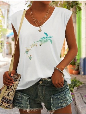 Mercoledi Kaplumbağa Baskılı Kadın Oversize Kolsuz T-Shırt