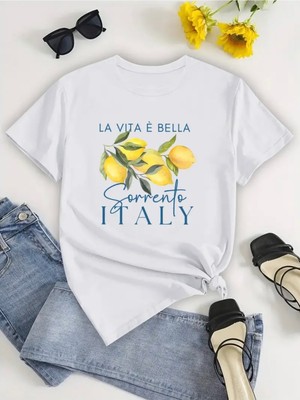Mercoledi La Vita Bella Baskılı Oversize Bisiklet Yaka T-Shirt