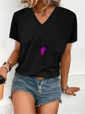 Mercoledi Kelebek Tasarım Baskılı Kadın Oversize V Yaka T-Shırt