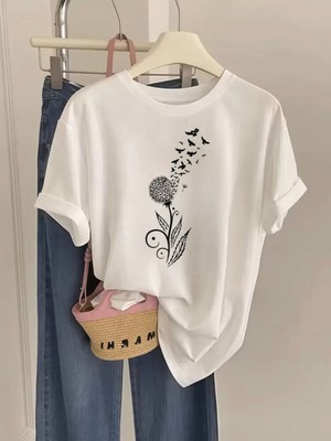 Mercoledi Karahindiba & Kuş Baskılı Oversize Bisiklet Yaka T-Shirt