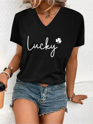 Mercoledi Lucky Baskılı Kadın Oversize V Yaka T-Shırt