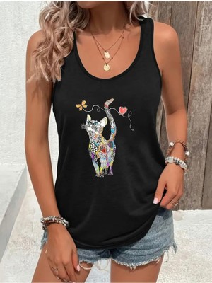 Mercoledi Renkli Kedi Baskılı Kadın T-Shırt