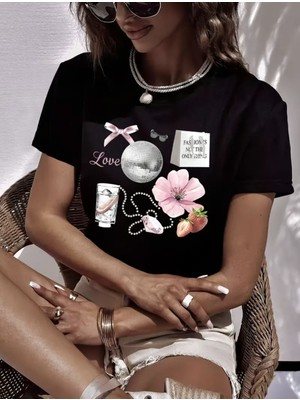 Mercoledi Disco Topu Kurdele Çiçek Baskılı Oversize Bisiklet Yaka T-Shirt