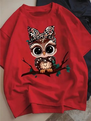 Mercoledi Leopar Kurdeleli Baykuş Baskılı Oversize Tişört