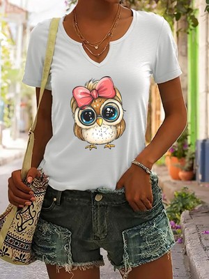 Mercoledi Kadın Sevimli Baykuş Baskılı Yarım V-Yaka Kollu Regular Kalıp Rahat T-Shirt