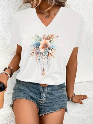 Mercoledi Çiçek Baskılı Kadın Oversize V Yaka T-Shırt