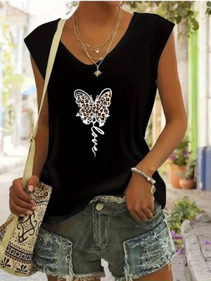 Mercoledi Kelebek Baskılı Kadın Oversize Kolsuz T-Shırt