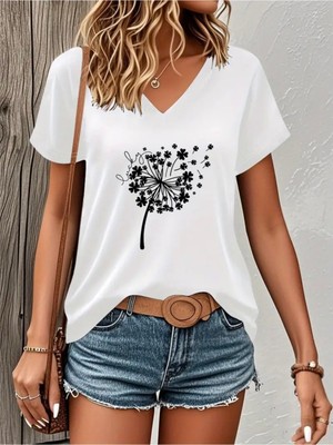 Mercoledi Lucky Karahindiba Baskılı Kadın Oversize V Yaka T-Shırt